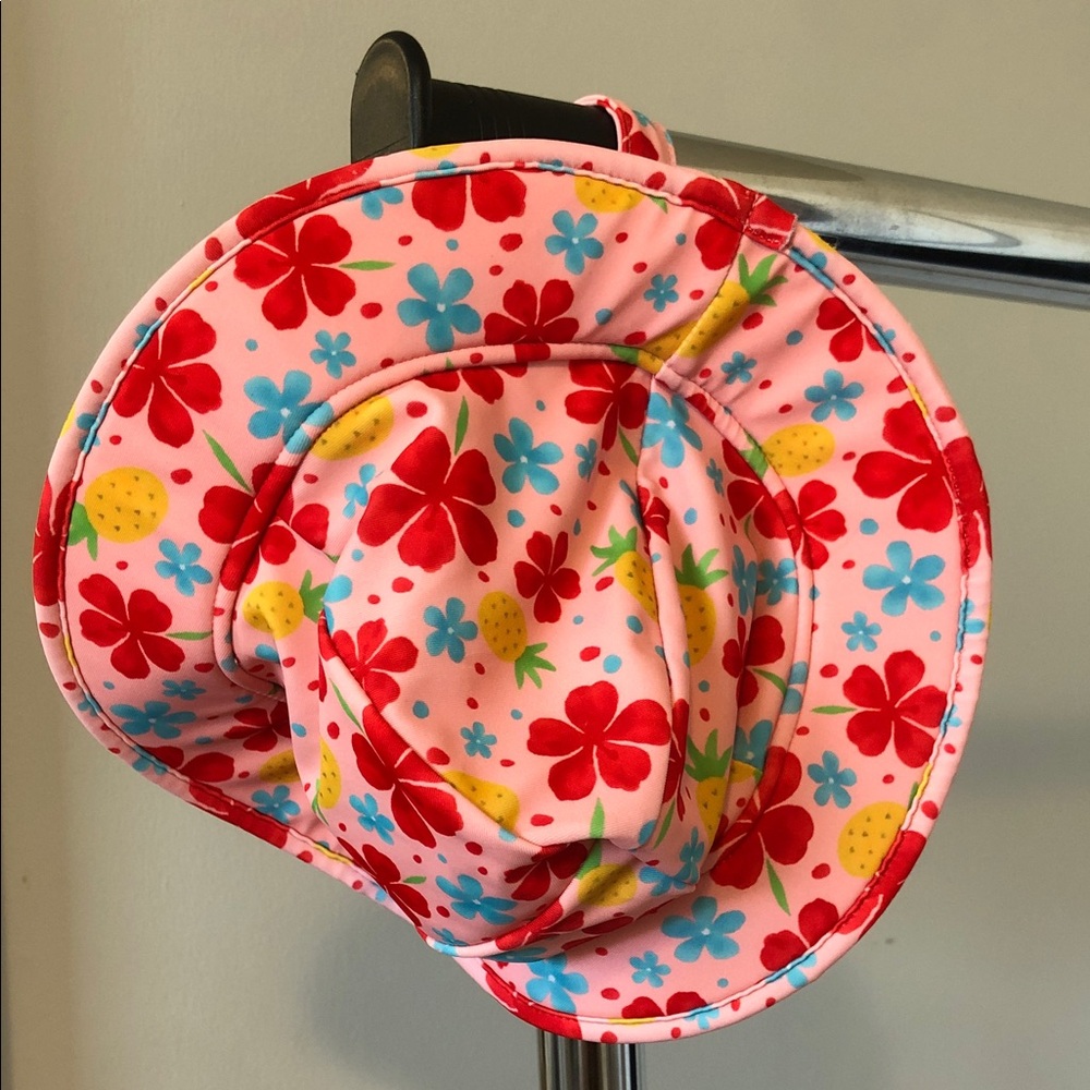 George Pink Baby Sun Hat with Red Flowers, Yellow Pineapples & Blue Blooms